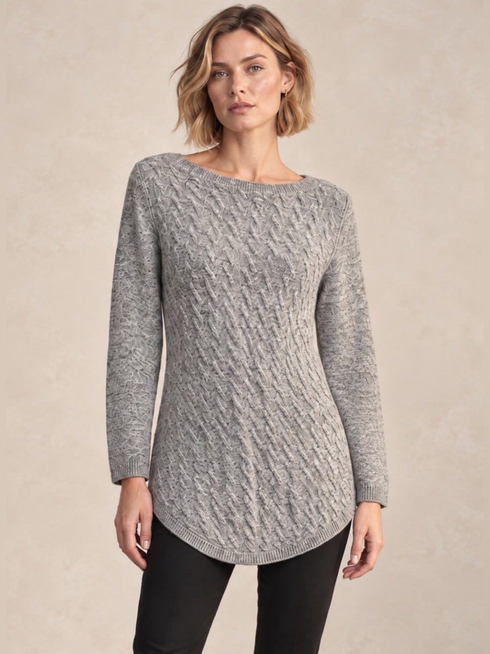 J. Jill Cable Knit Tunic Sweater Gray Heathered Relaxed Crew Neck Size Small